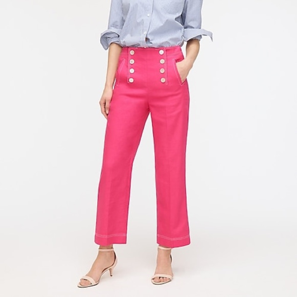 J crew New Peyton high rise sailor pant stretch linen cropped button hot pink